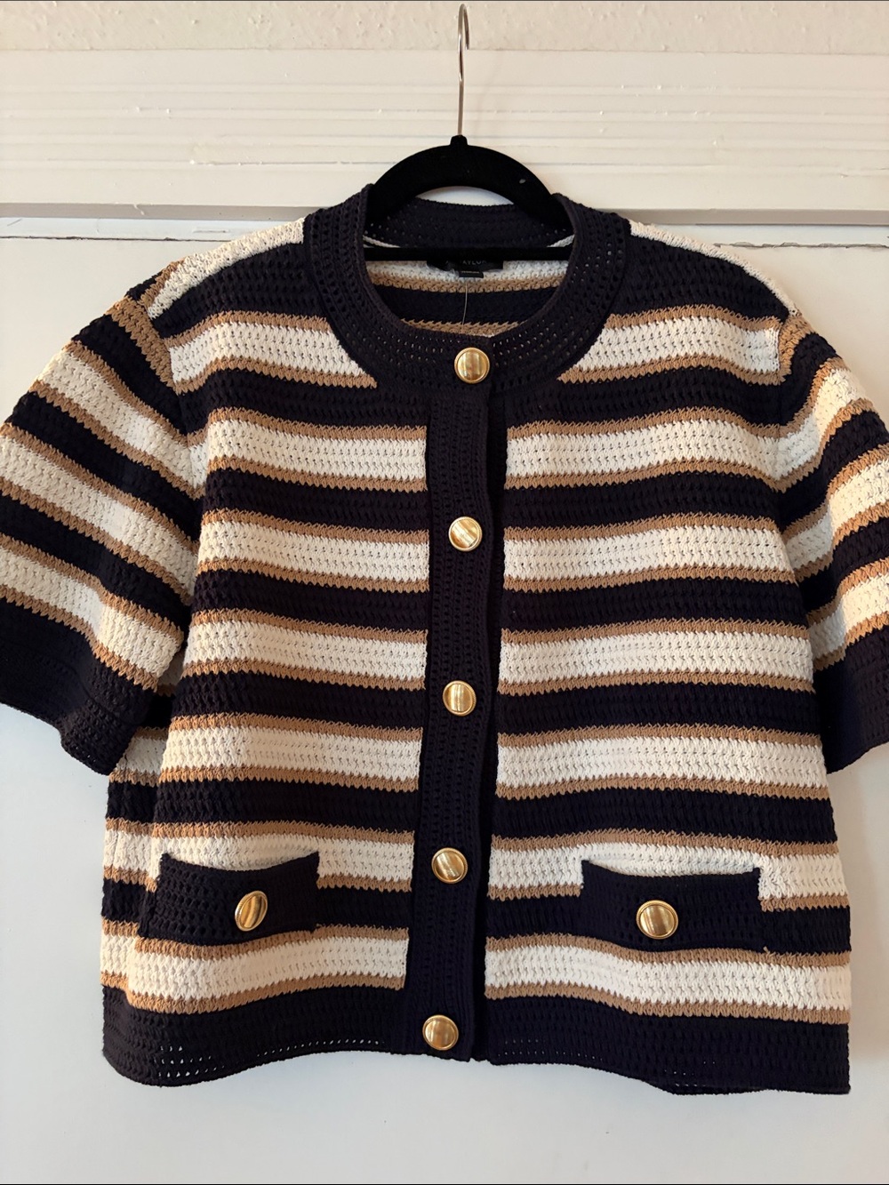 Ann Taylor Striped Short-Sleeve Knit Cardigan - Navy Blue, Cream & Tan - NEW
